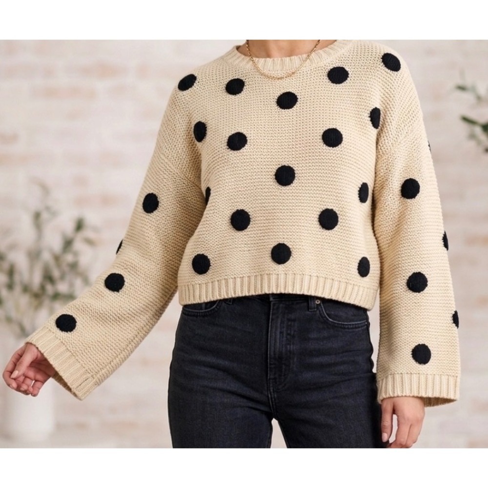 Lumiere Polka Dot Cropped Sweater Beige Black Knit Women Medium